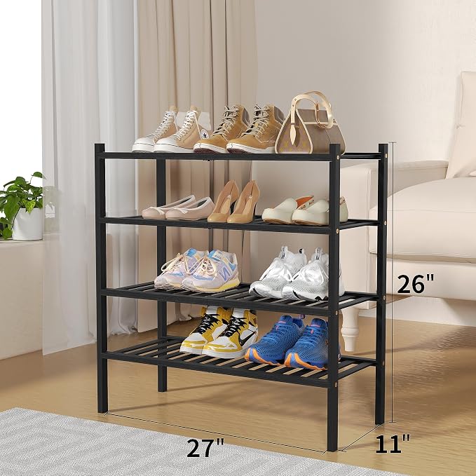 ROMGUAR CRAFT 4 Tier Bamboo Shoe Rack for Closet Free Standing Wood Shoe Shelf for Entryway Small Space Stackable 27"x11"x26" (Black)