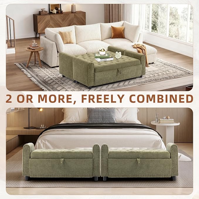 48" Ottoman with Storage, Tufted Storage Ottoman Bench, Convenient Living Room Fabrics Bench Seat, Entryway Shoe Benches with Inner Zipper & Arm, Rivetless Upholstered Window Seat Ottomans, Green