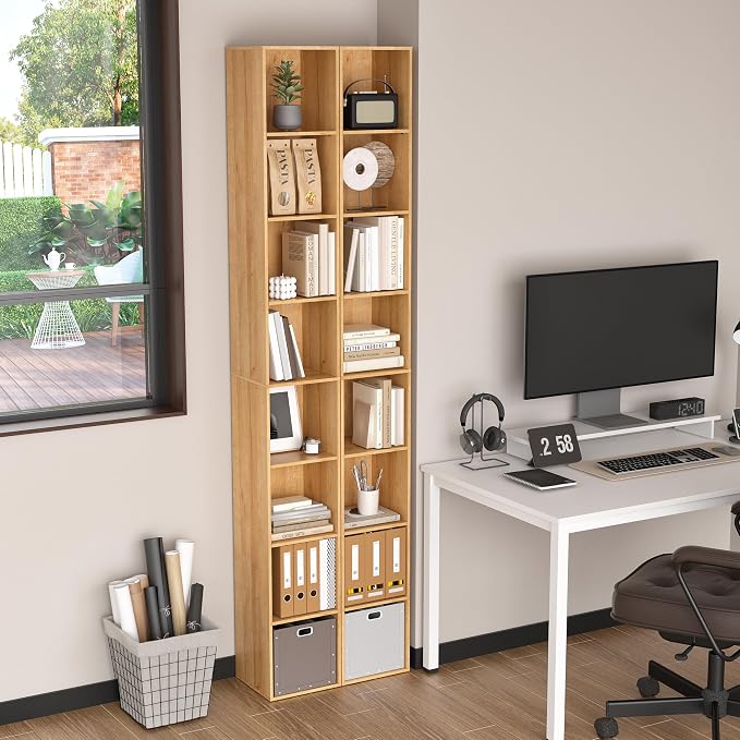 8-Cube Storage Organizer Bookcase, Oak Tall Narrow Bookshelf, Freestanding Open Cubby Storage Shelf, Display Cabinet for Living Room Bedroom Home Office