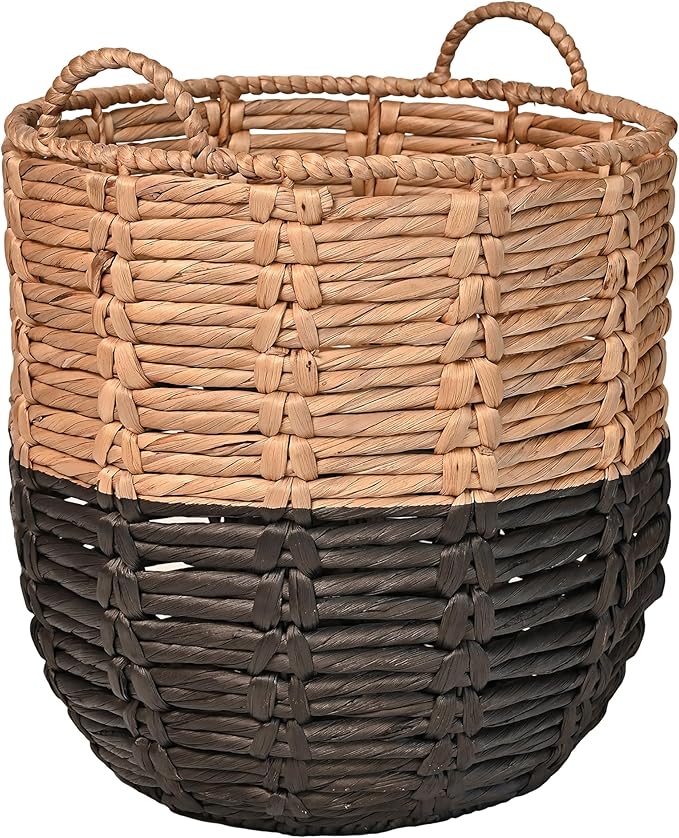 happimess Laurel Hand-Woven Abaca Storage Basket 19", Natural/Black | Wicker Seagrass Container with Handles for Decoration, Laundry Room Entryway Hamper, 22 Pounds Capacity, Braided Accents