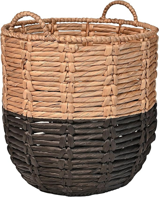 happimess Laurel Hand-Woven Abaca Storage Basket 19", Natural/Black | Wicker Seagrass Container with Handles for Decoration, Laundry Room Entryway Hamper, 22 Pounds Capacity, Braided Accents
