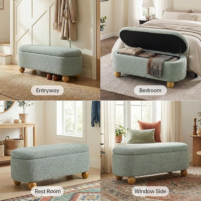 VKNOW 44.8" Storage Ottoman Bench End of Bed Bench with Hinge, Light Green | Cute Spherical Solid Wood Stool Legs, Comfortable Fabric, No Assembly, Bedroom Living Room Entryway Dressing Areas