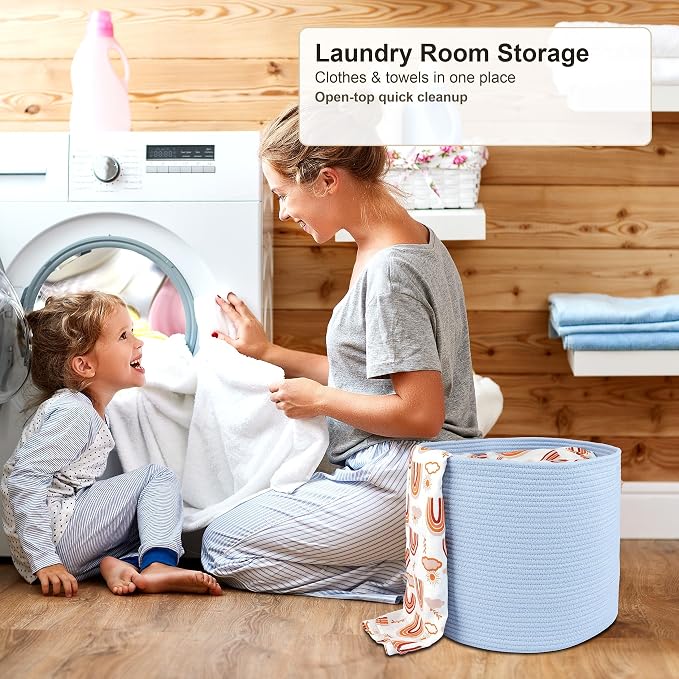 XUANGUO Cotton Rope Basket For Girls Boys Kids 16”X14 Blue | Baby Laundry Baskets, Blanket Basket, Nursery Bin; Round Woven Basket Organizer for Toy Storage, Blankets, Shoes and Clothes