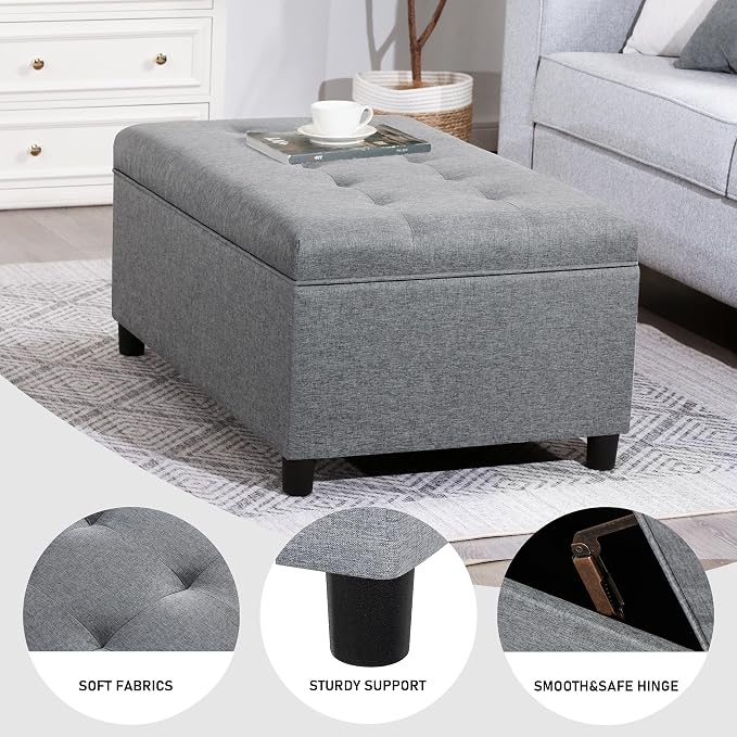 Joveco Rectangular Lift Top Storage Ottoman Bench,Linen Storage Bench for Living Room Entryway Bedroom,Linen Gray