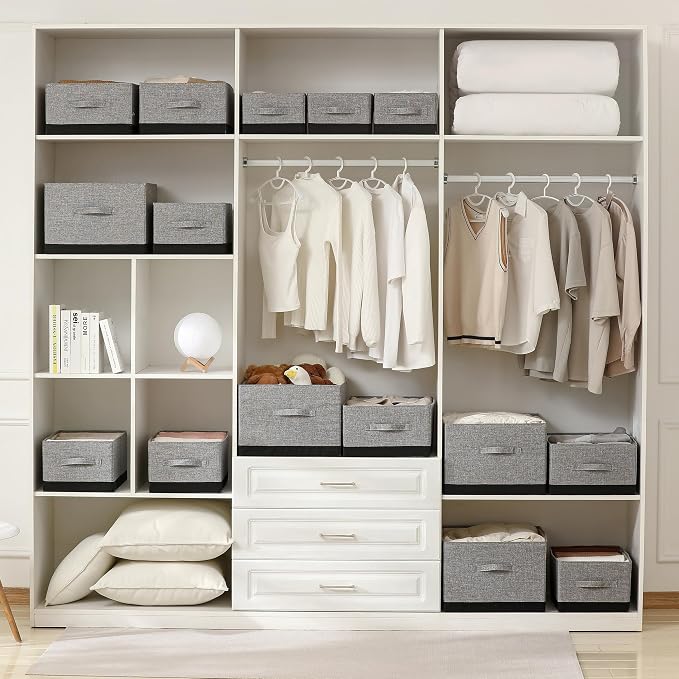 linen closet organizers and storage, 3 Pack Large Storage Baskets, Washable, Clothing Storage Bins with Handle, Closet Organizer for Storage Sweater,Sheets (gray black, 16" x9½x6¾)