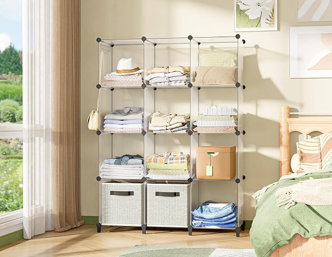 Closet Organizers and Storage, 12 Cube Storage Organizer, Transparent | Portable Closet Shelves Closet Organization Clothing Storage for Kids, Closet, Bedroom, Bathroom, Office
