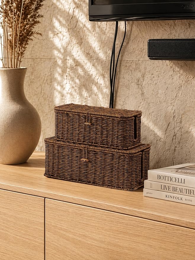 BROWNLILY Rattan Wire Storage Box, Handmade Cord Organizer for Desk Cord Hider Outlet Covers for Power Strip TV PC Router Charger Under Desk Cable Management Box