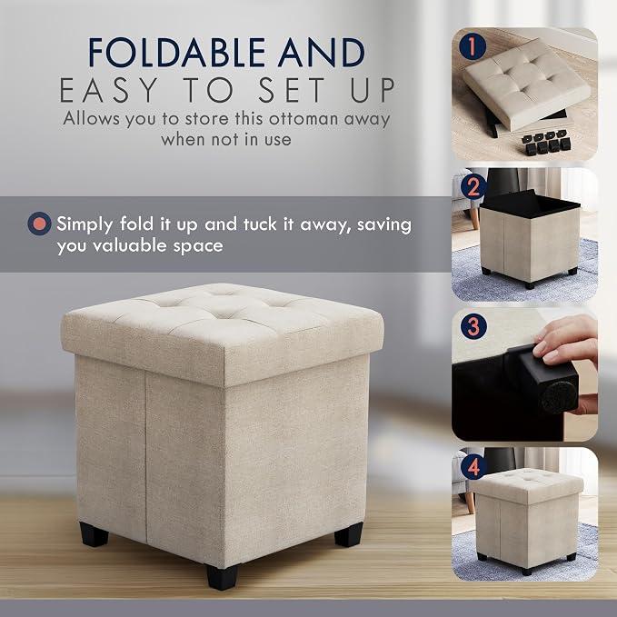 Ornavo Home Square Cube Storage Ottoman with Legs, 15x15x15, Beige | Foot Rest Stool Seat; Holds Up to 600 lbs; Ideal for Living Room, Bedroom, Home Office or Dorm