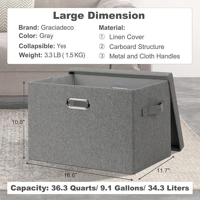 Graciadeco Large 17" 36 Quart Collapsible Stackable Storage Bins with Lids, 1 Pack Grey Foldable Fabric Closet Storage Boxes with Lids, 4 Handles Heavy-duty Linen Cube Baskets for Bedroom | 36 Quart 1 Pack Gray1 Collapsible Stackable Linen Fabric 4 Han...