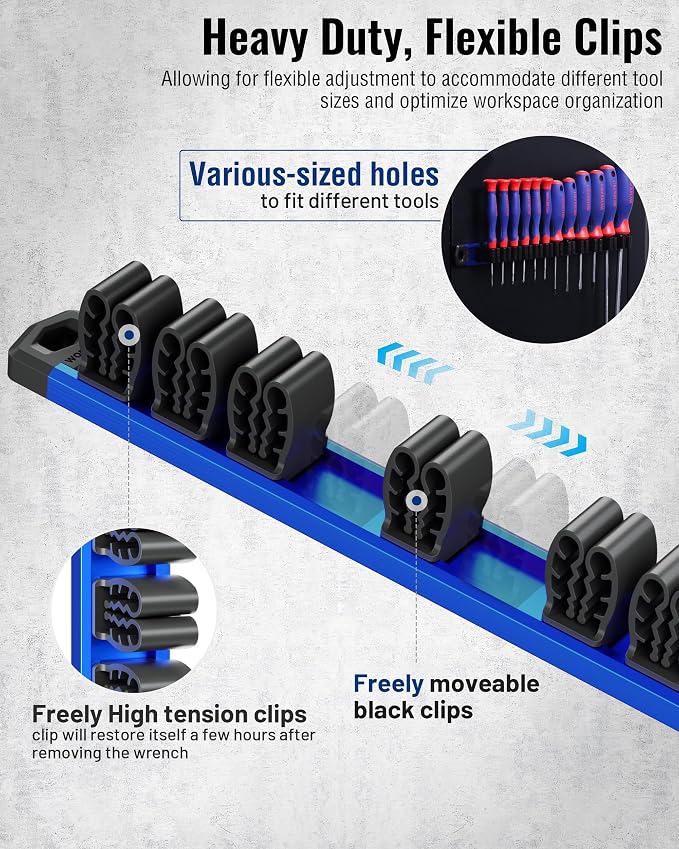 WORKPRO Magnetic Screwdriver and Wrench Organizer Set, 24-Slot Tool Holders | 2-Pack Aluminum Rails, Magnetic Force, Flexible High-Tension Tool Clips, For Tool Box Drawer & Wall-Mount Storage