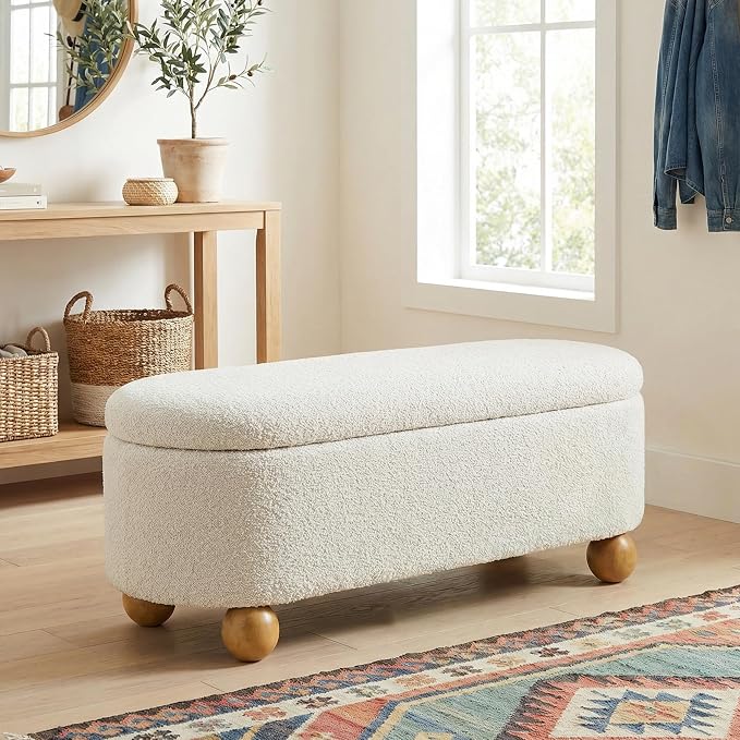 VKNOW 44.8" Storage Ottoman Bench End of Bed Bench with Hinge, Beige | Cute Spherical Solid Wood Stool Legs, Comfortable Fabric, No Assembly, Bedroom Living Room Entryway Dressing Areas
