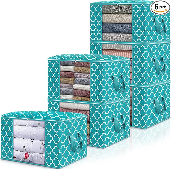 WISELIFE Storage Bags 100L [6 Pack] Large Blanket Clothes Organization and Storage Containers for Bedding, Comforters, Foldable Organizer with Reinforced Handle, Clear Window, Sturdy Zippers, Green