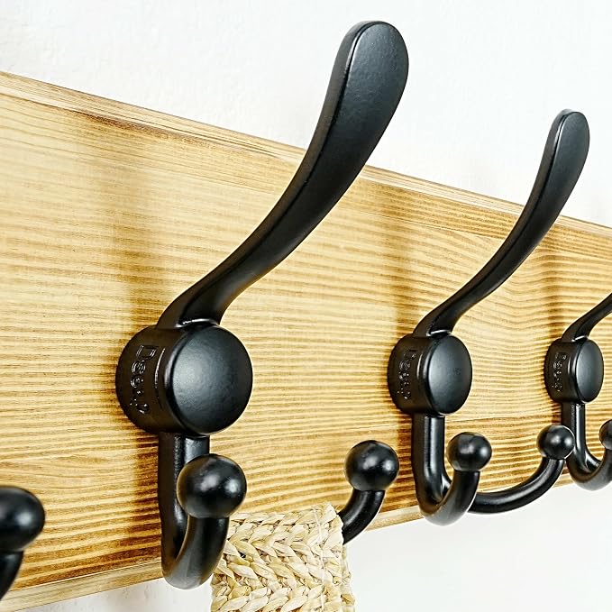 Coat Rack Wall Mount - Heavy-Duty Robust Rustic Wooden Wall Coat Hanger Hook Rail with 5 Triple Hooks for Winter Coats Hat Jacket Clothing, Light Brown & Black, Pack of 2