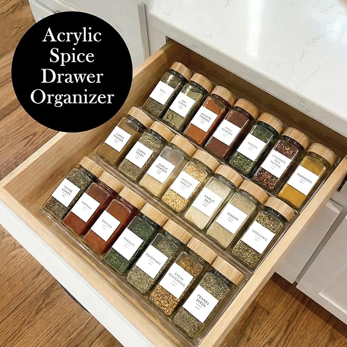 Acrylic Spice Drawer Organizer 4 PK, Expandable 13"-26" Acrylic Spice Rack for Drawer Seasoning Organizer Tray, Shelf Stackable 4-Tier Herb Jar Rack Insert for Kitchen Cabinet, Herb Jars Not Included