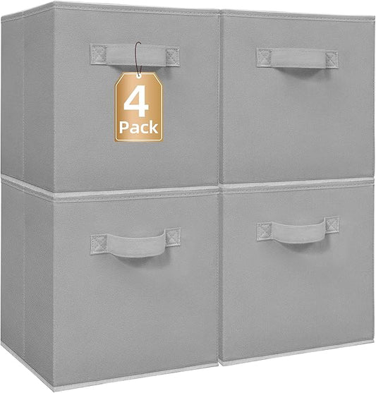 STORAGE MANIAC Storage Cubes, 11 Inch Collapsible Storage Bins with Handles, 4 Pack Fabric Foldable Bins for Organization, Durable Storage Bins for Closet, Shelves, Offices, 4-Pack Grey