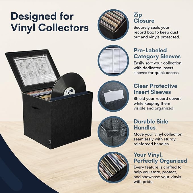 Vinyl Record Storage Box with Zip Closure – Holds Up To 90 12 Inch Vinyl Records – Collapsible Crate, LP Storage Boxes, Records Box – Stackable Record Case