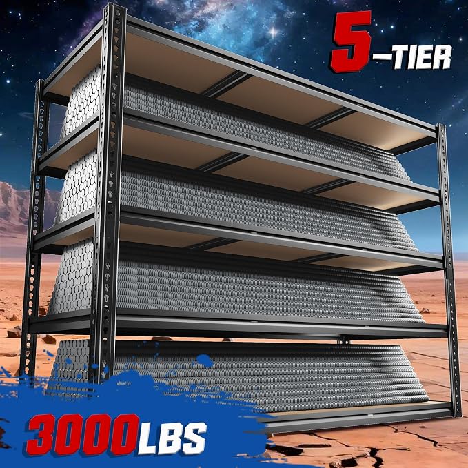 48" W Garage Shelving, Garage Storage Shelves Heavy Duty 3000LBS, Adjustable Metal Shelving Unit 5 Tire Industrial Shelving for Warehouse, Pantry, Closet, Kitchen, 72" H x 48" W x 18" D, Black, 3PCS