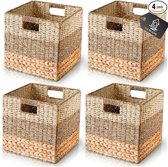 CHI AN HOME 12x12 Baskets for Cube Storage, Wicker Cube Storage Bins Set 4 | 12x12x12 Storage Bins, Foldable Square Baskets For Cube Shelves, Kallax Woven Bins, Versatile Storage, Natural Water Hyacinth