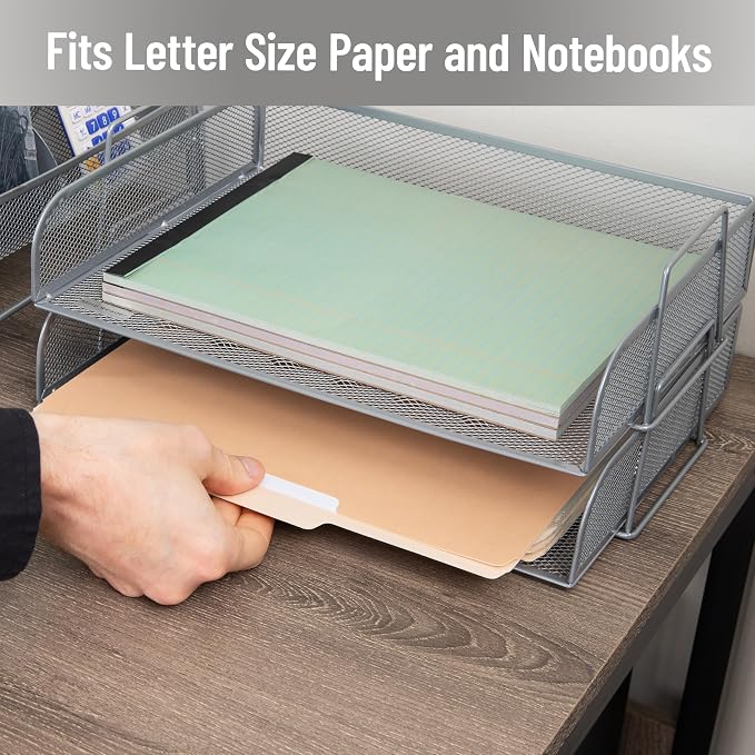 Mind Reader Stackable Paper Tray, Desktop Organizer, File Storage, Office, Metal Mesh, 2 Pcs., Silver