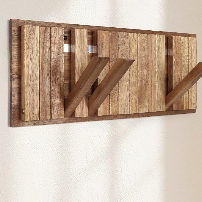 Wall Coat Rack for Entryway: Folding Wood Rustic 8 Hooks | 16.5inch Piano Hanger for Small Space Bathroom Hallway for Towel Backpack Jacket - Farmhouse Design Decor (Neat Style)