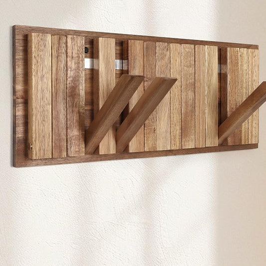 Wall Coat Rack for Entryway: Folding Wood Rustic 8 Hooks | 16.5inch Piano Hanger for Small Space Bathroom Hallway for Towel Backpack Jacket - Farmhouse Design Decor (Neat Style)