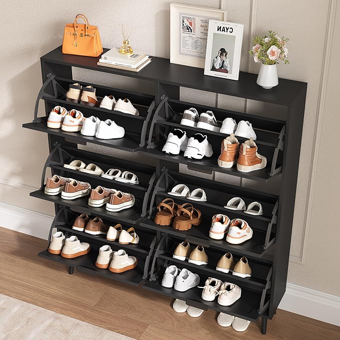 BORNOON Shoe Cabinet for Entryway with 6 Flip Drawers, Slim Wooden Shoe Storage Organizer with Modern Fluted Pannel，Freestanding Narrow Hidden Shoe Rack for Hallway, Foyer, Living Room