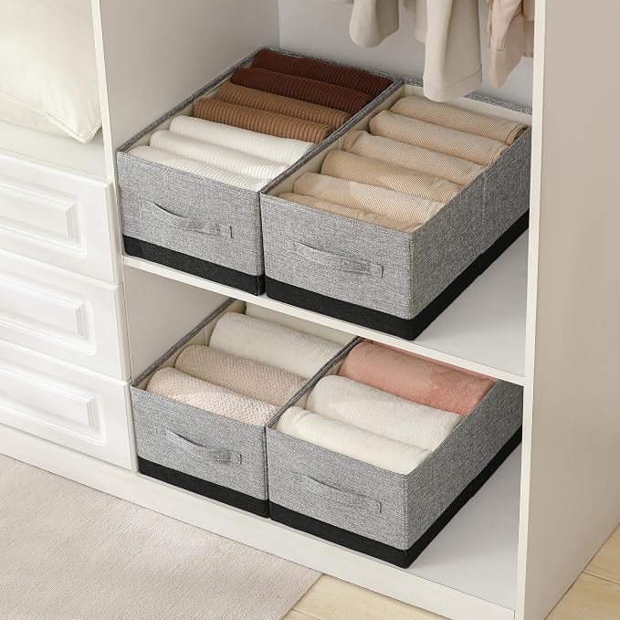 Linen Folding Storage Bins, 3 Pack Large Storage Baskets, Washable, Clothing Storage Bins with Handle, Closet Organizer for Storage Sweater,Sheets (gray black, 18½"x11 x8½)