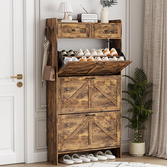 Shoe Cabinet with 3 Flip Drawers & 2 Top Drawers, 57" Tall Freestanding Narrow Wooden Shoe Storage Organizer for Entryway, Hidden Slim Shoe Rack for Front Door Entrance, Hallway, Living Room, Brown