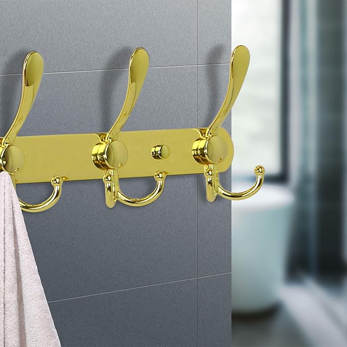 Dseap Coat Rack Wall Mount - 29.5” Long 8-Tri-Hooks Heavy Duty Coat Hanger Rail Wall Hooks for Hanging Coats Hats Clothing Clothes Purse Mudroom Entryway, Gold