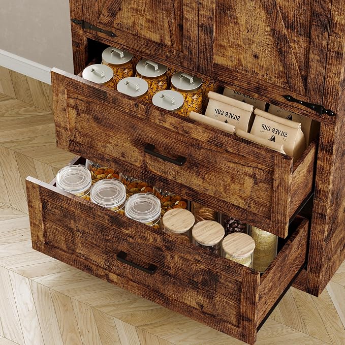 BORNOON Pantry Organizers and Storage Cabinet, 71” Barn Door White Kitchen Cabinet with Drawers and Adjustable Shelf, Tall Pantry for Kitchen, Dining Room, Living Room. Bathroom and Office