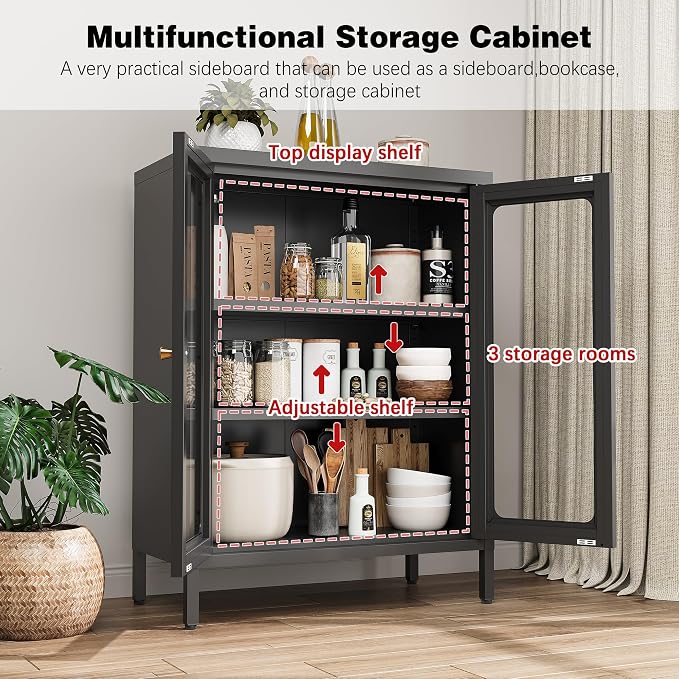 Small Display Cabinet with Glass Doors, 12" Deep Small Curio Showcase with Two Glass Doors, 23.6" Wide Metal Floor Storage Cabinet for Collectibles Books China for Entryway, Home Office, Living Room