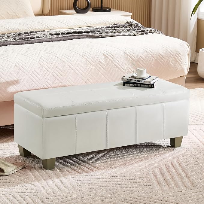 WUTUTUEE 41" Faux Leather Storage Ottoman, Stitch Tufted Rectangle Upholstered End of Bed Storage Bench, Entryway Large Couch Ottoman with Wooden Legs,White