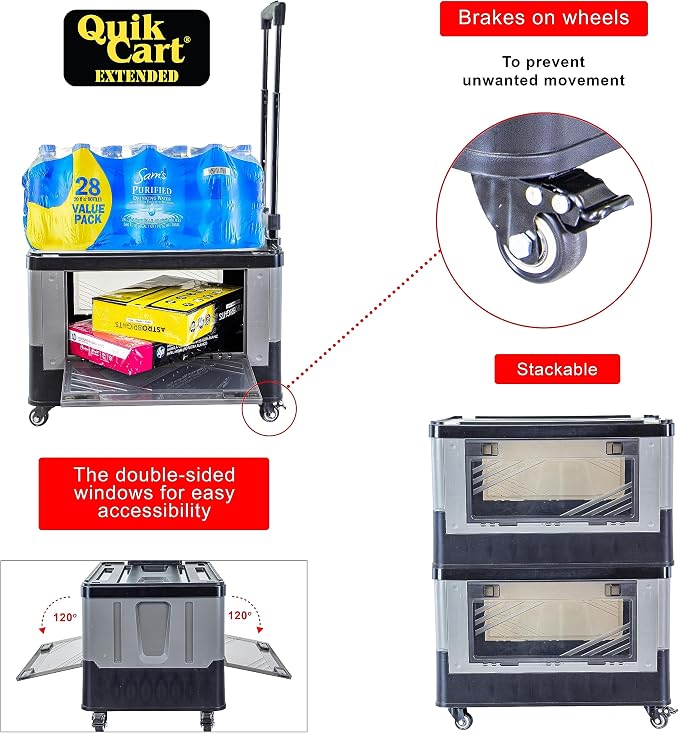 dbest Products Quik Cart Extended Four Wheeled Rolling Crate Teacher Utility with seat Dual Accessible Doors Heavy Duty Collapsible Basket with Two Position Handle | with Wheels, Dual Side Doors, Two-Position Handle, 360 Spinner Wheels, Foldable Utilit...