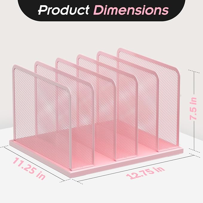 Kuntine.B 5-Section Upright Desk File Organizer Pink 1 Pack | Vertical, Mesh, Metal, Assembly, Stability, Sturdiness, Organization, Standing
