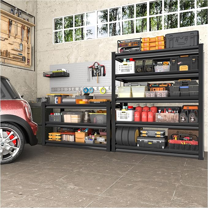 5-Tier Garage Shelving Heavy Duty,48”W x 18”D x 78”H Metal Shelving Unit，2400 lbs Weight Capacity Adjustable Storage Shelves for Retiple Tanks, Pantry, Garage，Black (Black, 5-Ter,48”W x 18”D x 78”H)