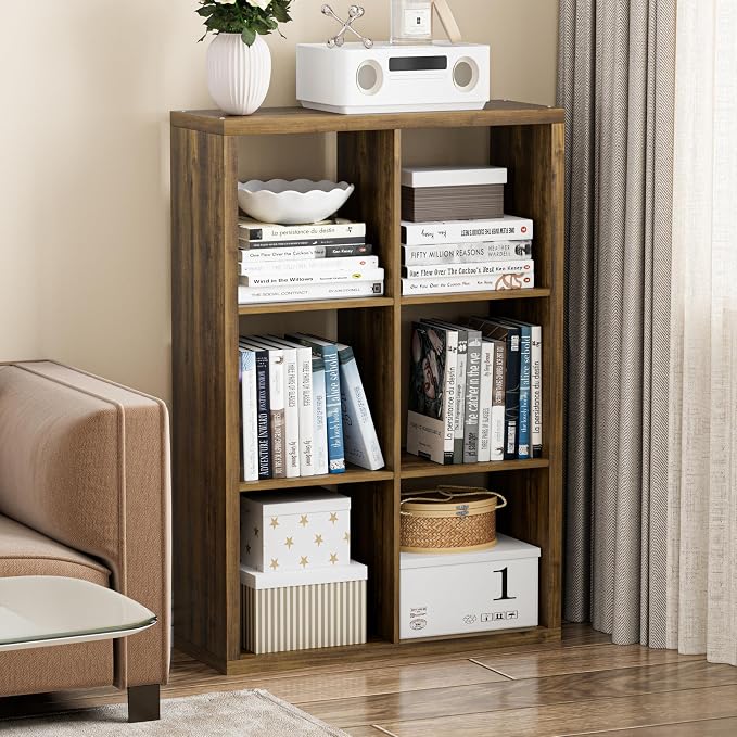 VDNEND Cube Storage Organizer Bookcase, Decorative 11 inch Open Back Cubical Shelf with Thickened Border, Display Bookshelf for Living Room, Home Office, Sturdy Room (Brown, 6 Cube)