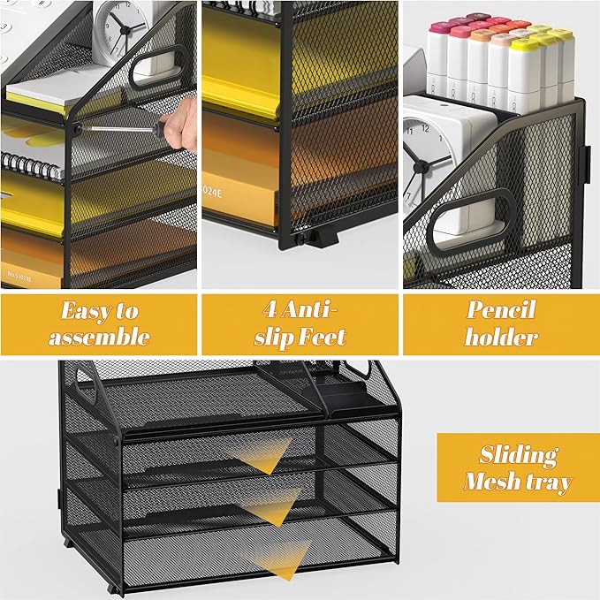 4 Tier Mesh Desk Organizer with Pen Holder and Handle Letter Tray | Metal desktop document shelf and paper sorter. Premium mesh workspace storage for office, home, and classroom