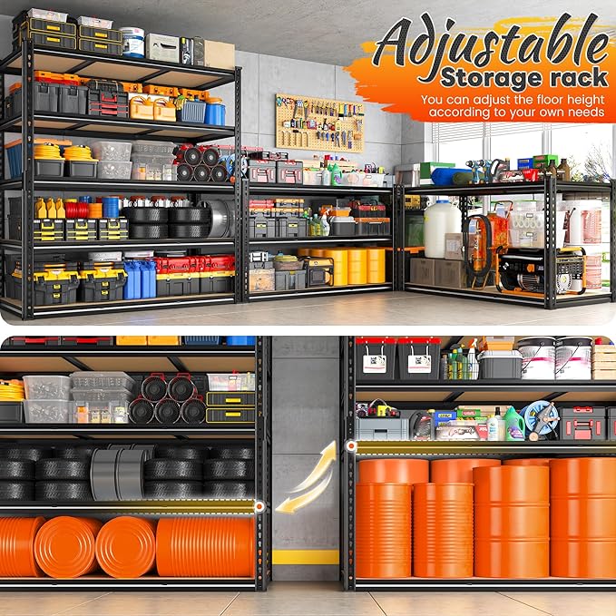 REIBII 3080LBS Garage Shelving for Warehouse, 5 Tier Heavy Duty Shelving | 48"W x 24"D x 72"H, 5-Tier Adjustable Shelves, Freestanding, Solid Steel Frame, Rust-Resistant, Tool-Free Easy Assembly