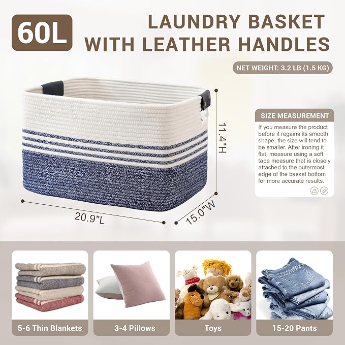 60L Woven Laundry Basket Hamper with Leather Handles,Denim Blue | collapsible wicker hamper, storage for dirty clothes, toys, blankets, gifts, living room, bedroom, bathroom, 21"x15"x11"