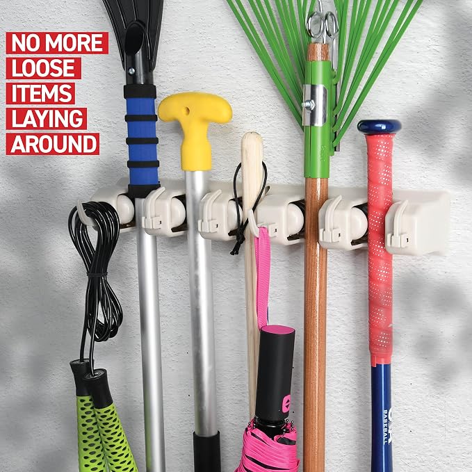HOME IT Broom and Mop Holder Wall Mount – Heavy Duty Garage Organizer with 5 Slots & 6 Hooks, 7.5lbs Capacity Per Slot - Easy Install Storage Rack for Home, Kitchen, Laundry Room & Garden - Off-White
