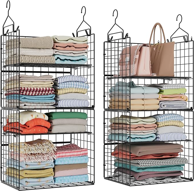 Hanging Closet Organizer and Storage - 8 Tier Closet Hanging Organizer Shelves, Metal & Foldable Hanging Storage Organizer Baskets with Adjustable Dividers for Clothing Sweaters Shoes Handbags