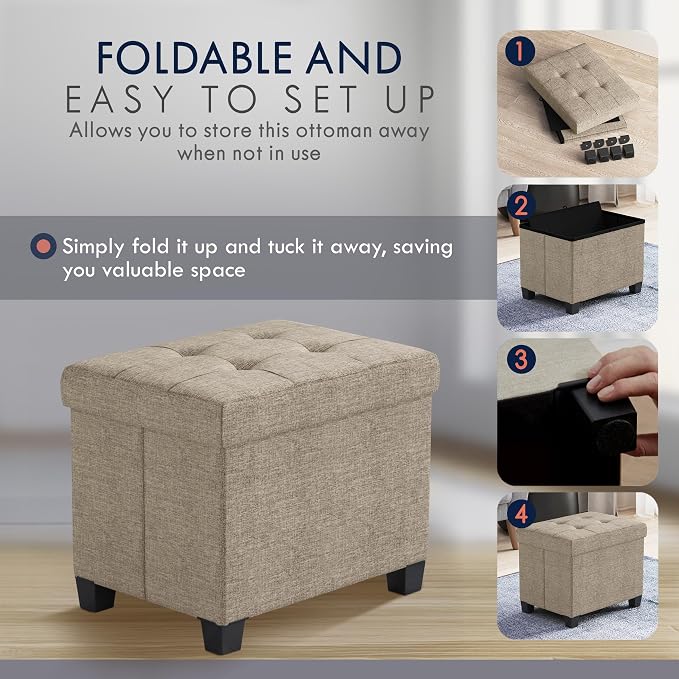 Ornavo Home Small Rectangle Storage Ottoman with Legs, 12x16x12, Tan/Taupe | Foot Rest Stool Seat; Holds Up to 600 lbs; Ideal for Living Room, Bedroom, Home Office or Dorm