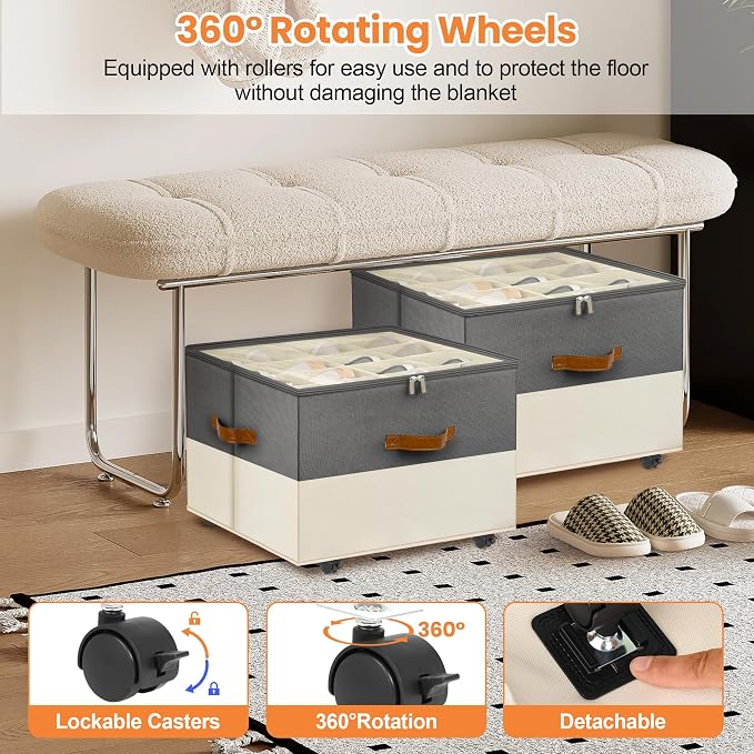 Foyego Shoe Organizer for Closet, with Wheels, Beige and Grey | Fits 16 Pairs, with Adjustable Dividers and Clear Cover, Saving Space Foldable Fabric Closet Shoe Storage Organizer Box Bins
