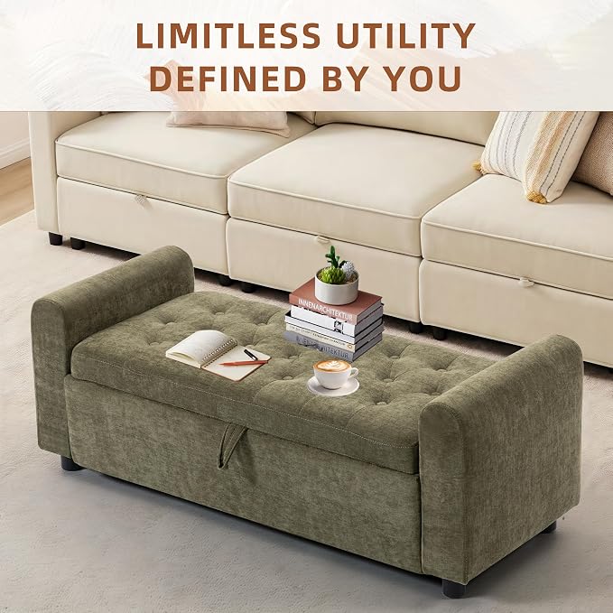 48" Ottoman with Storage, Tufted Storage Ottoman Bench, Convenient Living Room Fabrics Bench Seat, Entryway Shoe Benches with Inner Zipper & Arm, Rivetless Upholstered Window Seat Ottomans, Green