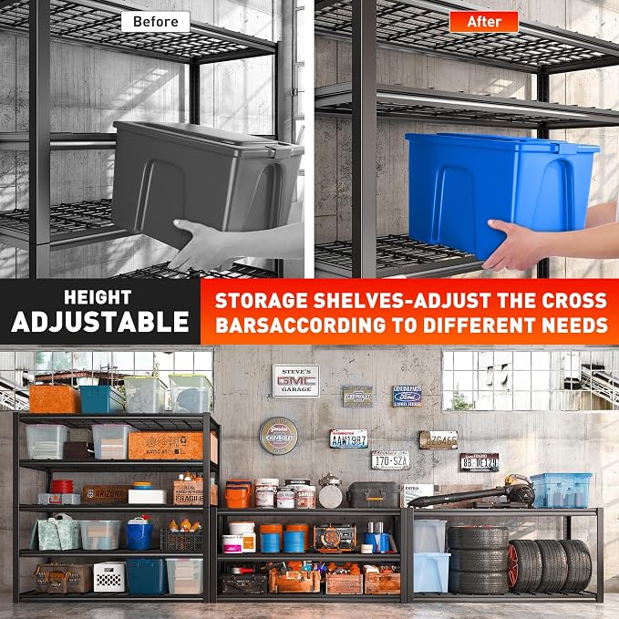 REIBII 48.2''W Garage Shelving Heavy Duty Metal Shelving 3000LBS Storage Shelves Adjustable Metal Shelves Industrial 5 Tier Garage Shelf for Basement Pantry Warehouse Supermarket, 4 Pack