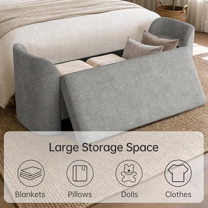 Usaint 58.3" Upholstered Storage Ottoman Bench with 2 Throw Pillows, Grey | End of Bed Bench with Curved Arms and Thickened Seat Cushion for Bedroom, Livingroom, Window, Entryway and Dressing Areas