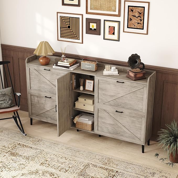 HOMEFORT Large Shoe Cabinet with 4 Flip Drawers, Farmhouse Narrow Shoe Organizer Cabinet for Entryway, Hidden Shoe Rack with Adjustable Side Cabinet for Boot Storage,6 Wood Legs, Washed Gray