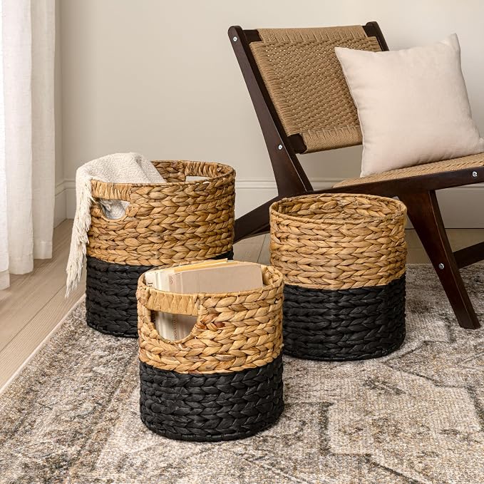 happimess Avery 3-Piece Cylinder Nesting Baskets 13", Black/Natural | Hyacinth, Bohemian Cottage Style, Handwoven Wicker, Iron Metal Frame, Decorative Storage For Toys And Books, Built In Handles