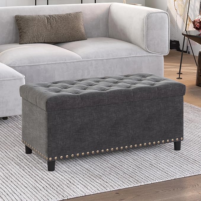 BELLEZE Storage Ottoman, Tufted Ottoman with Close Hinge, Foot Rest for Living Room (Dark Gray, 31 inch)