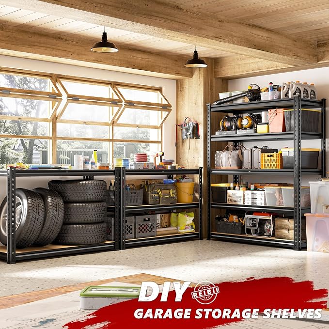 REIBII 5 Tier Garage Shelving for Pantry, Adjustable Storage Shelves | 35.5" W x 11.9" D x 72" H, Holds 2400 Lbs, 5 Reinforcing Ribs, Steel Frame with Powder Coat, Tool-Free Assembly, Freestanding